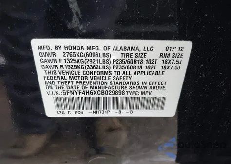 2012 Honda Pilot Ex-L z USA, uszkodzony, nr VIN 5FNYF4H6XCB029898